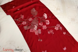 Red silk scarf hand-embroidered with peach orchids 60*200 cm